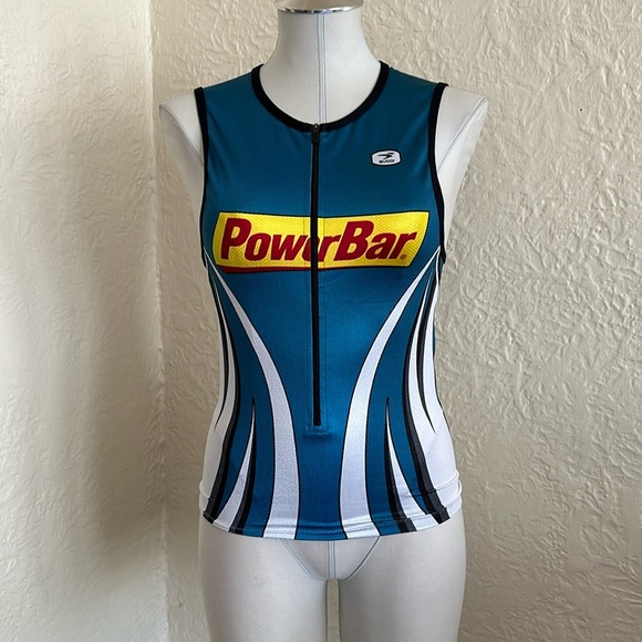 Sugio Powerbar Logo Teal Blue White Cycling Bike Jersey Sleeveless Tank Top S - Picture 1 of 6